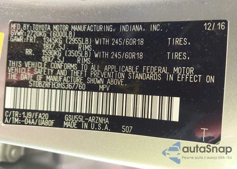 2017 Toyota Highlander Le Plus z USA, uszkodzony, nr VIN 5TDBZRFH3HS367760